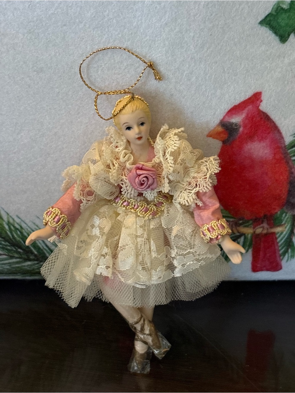 Victorian-Inspired Lace Ballerina Ornament - Pink and Cream